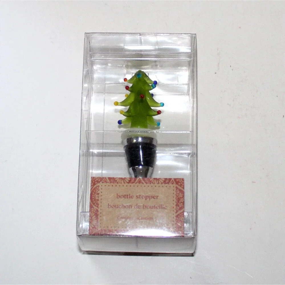 Pier 1 Imports Bottle Stopper Glass Christmas Tree stainless steel NEW NOS